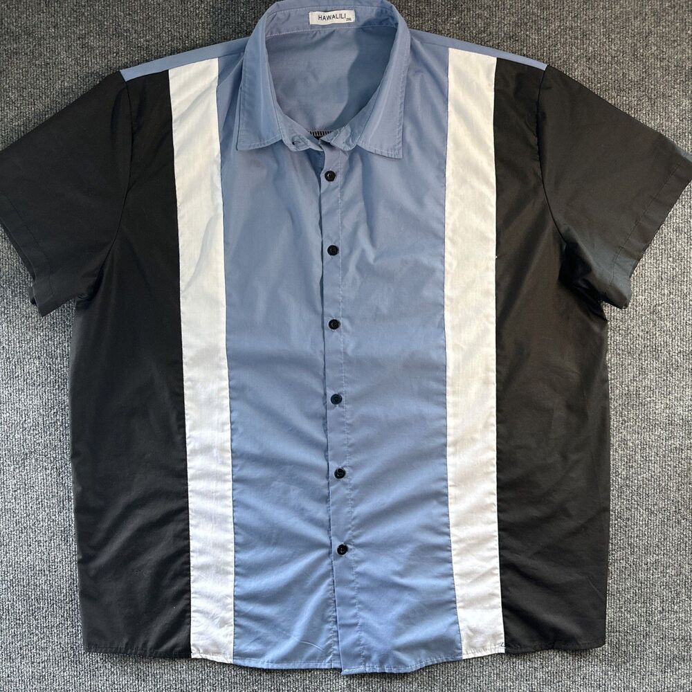 Hawalili Mens 2XL Bowling Stripe Retro Panel Short Sleeve Button Down Shirt Blue